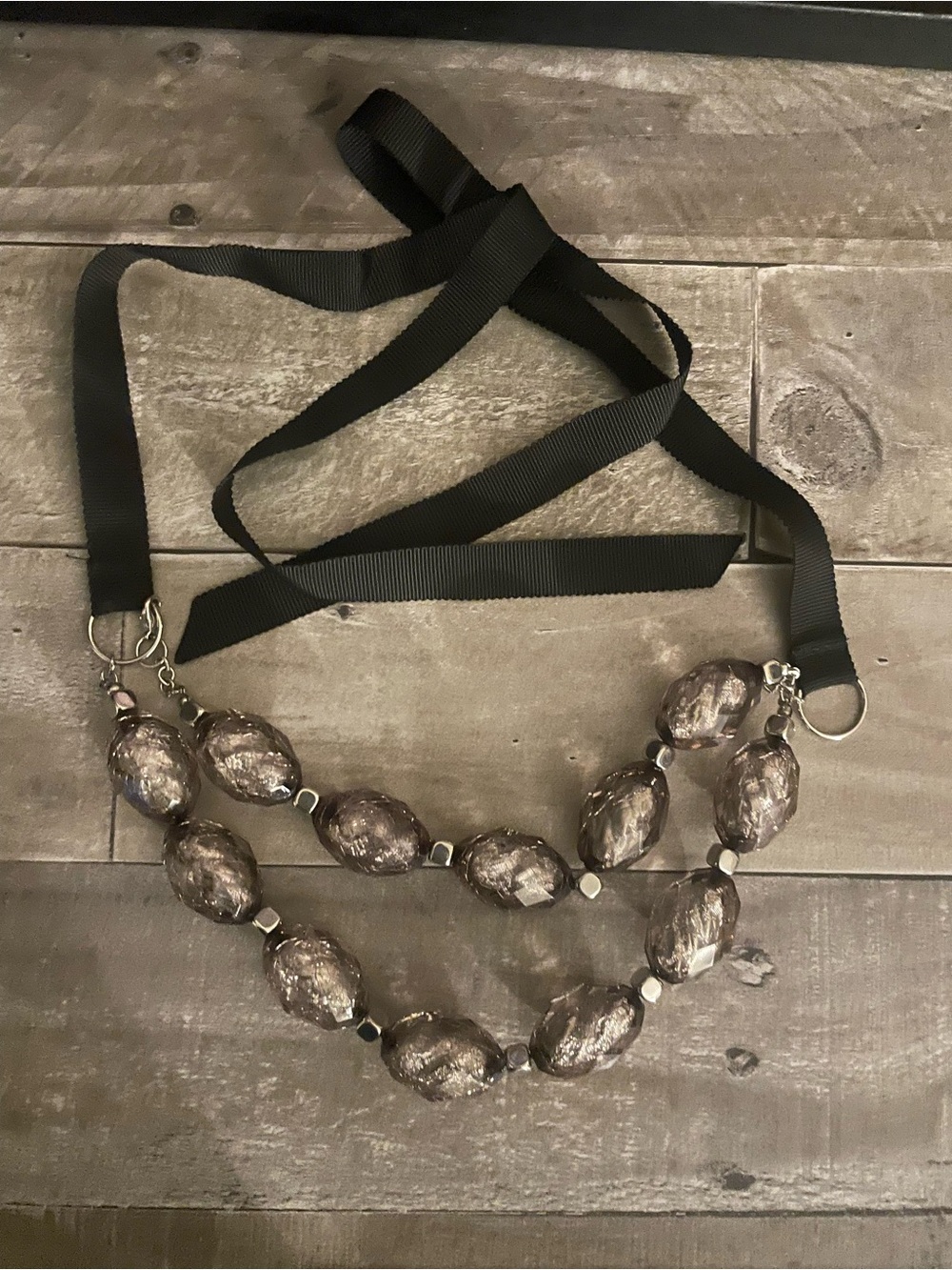 New York & Company Brown Bead Ribbon Tie Necklace